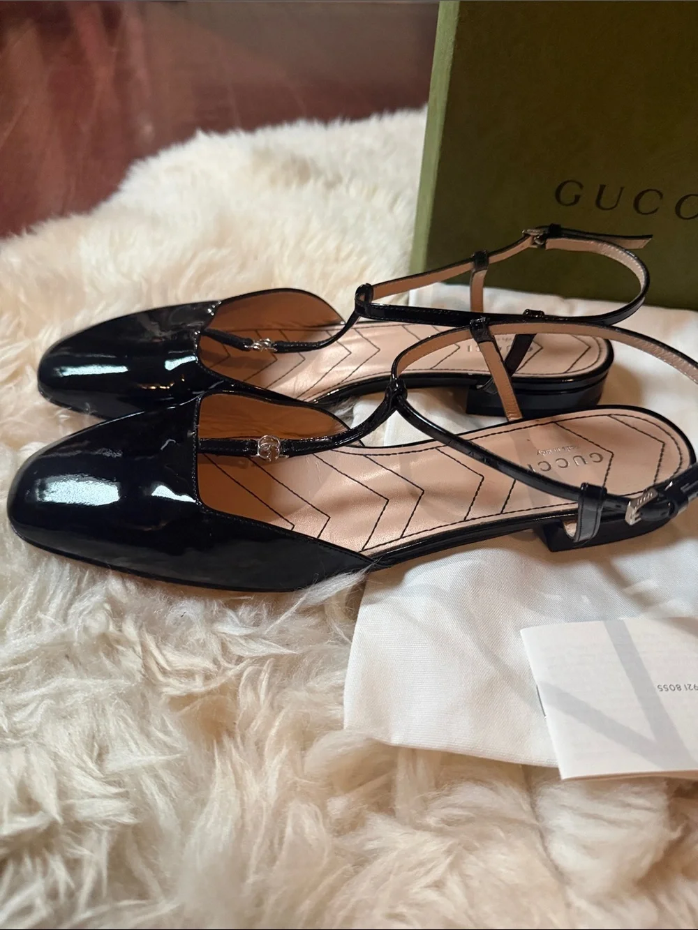 Gucci Black Patent Leather T-Strap Mules